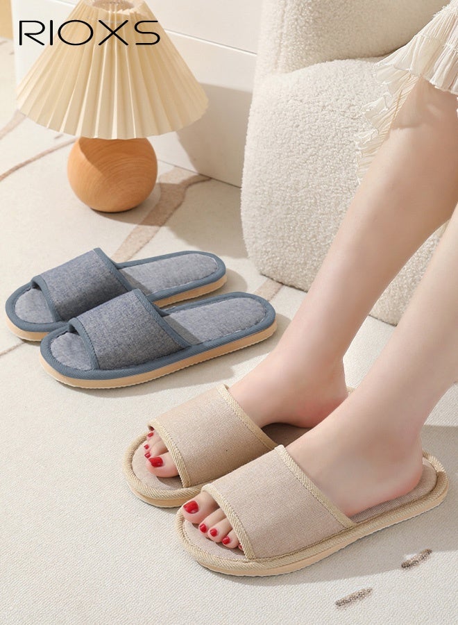 RIOXS 2 Pair Unisex Open Toe Summer House Slippers, Lightweight Breathable Slippers for Men and Women, Comfortable Slip On Slides Sandals, Washable Reusable Silent Slide Slippers for Guests, Non Slip Spa Slipper for Home Bedroom, Hotel, Travel, Beige+Blue - Image 4